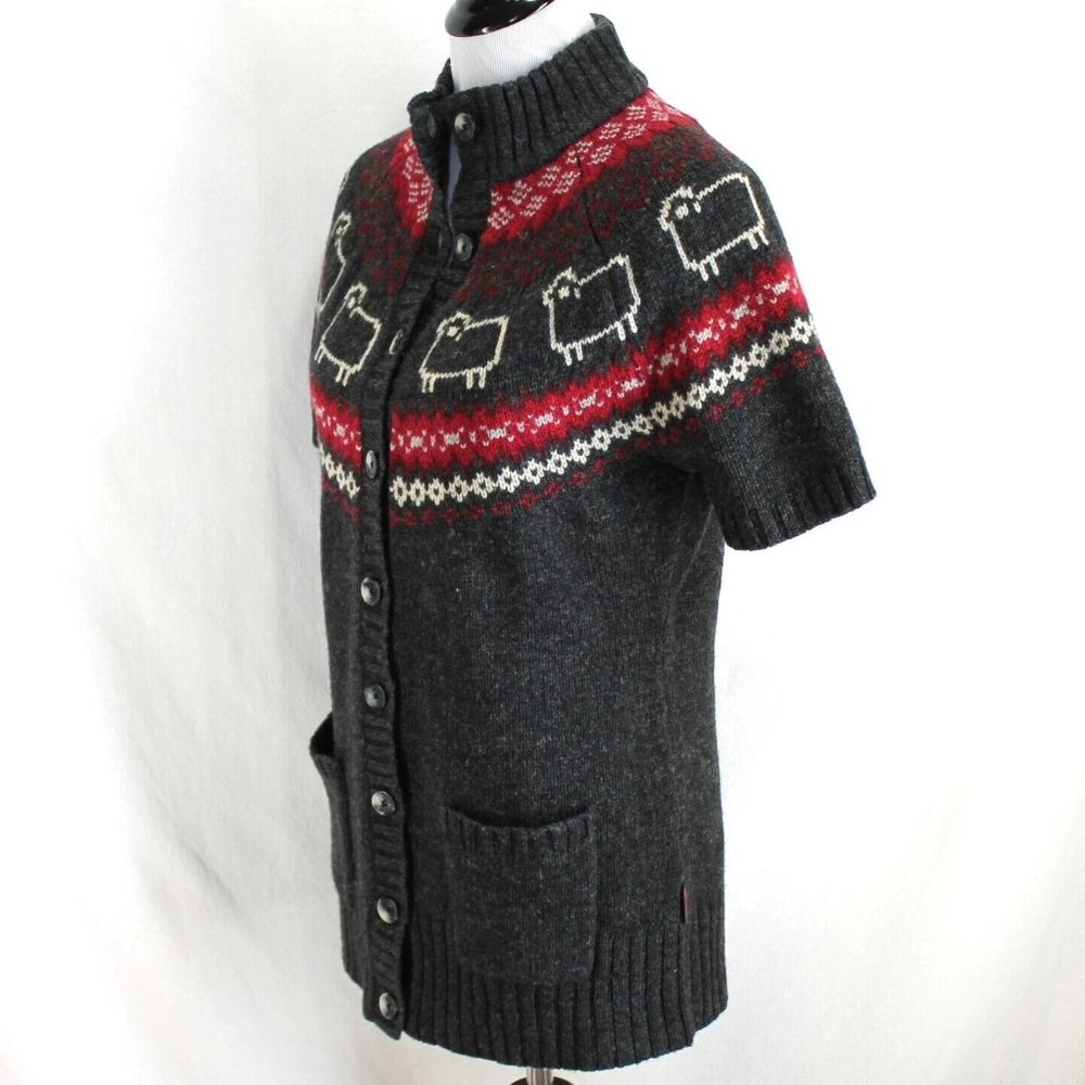 Woolrich Wool Blend Sweater Womens Size M Gray Red Sheep Short Sleeve Cardigan - Picture 3 of 8